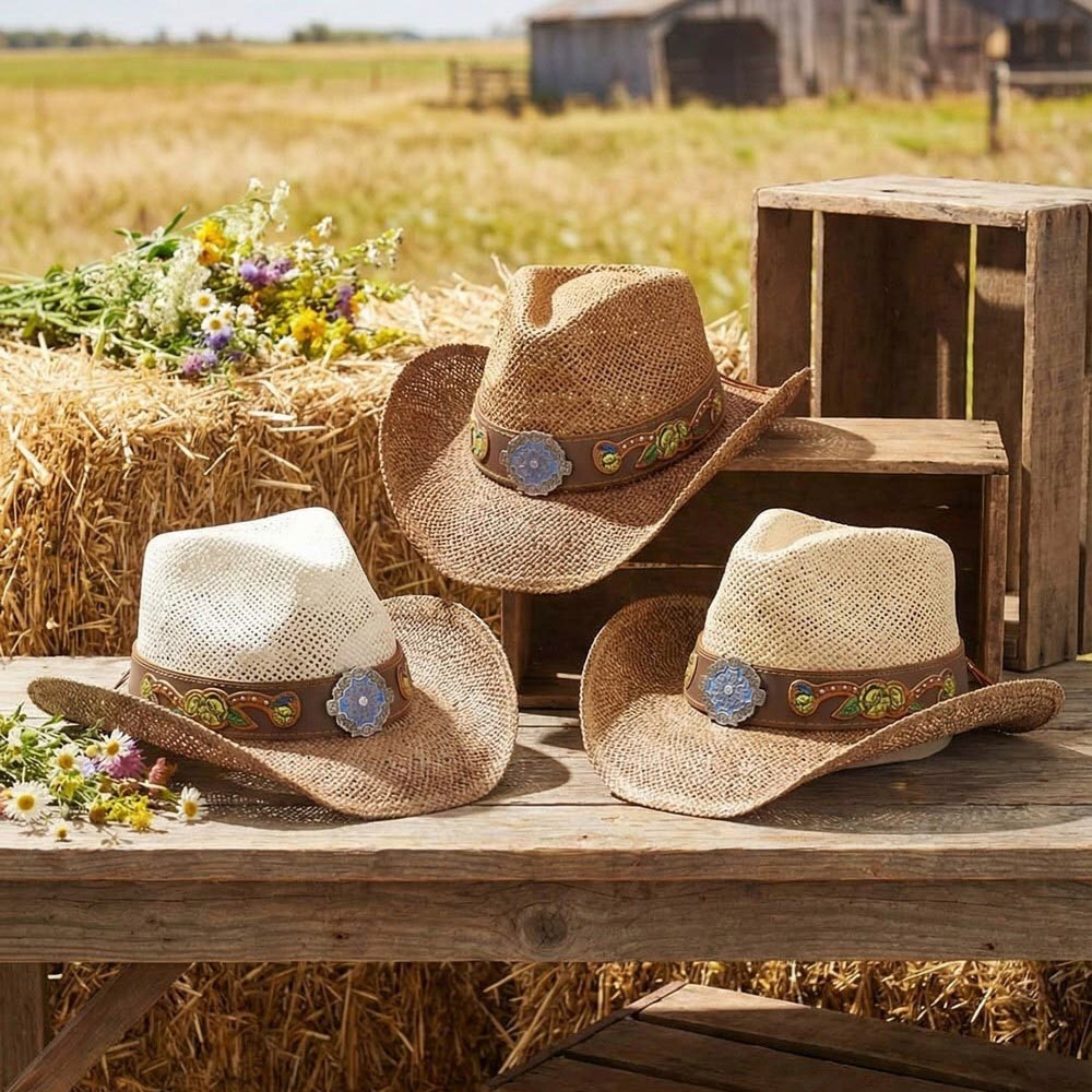 Boho 2-Tone Studded Floral Concho Band Western Straw Cowboy Hat